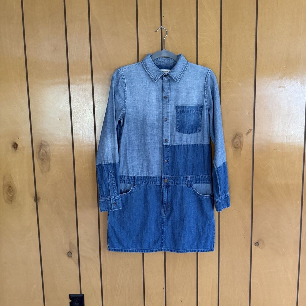 Current Elliott Two Tone Denim Shirt Dress Light Mid Wash Size 2 Mini Skirt - Picture 3 of 16